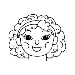 Smiling face of a funny little child girl with a headband on curly hair, black outline isolated on white. Line drawing sketch in doodle style. Vector clipart for children's illustration.