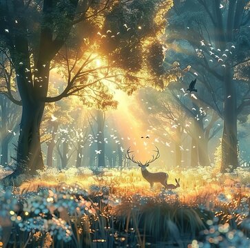 Sunrise scene in the firest with deer animal