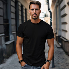 Handsome male wearing blank black t shirt as a mockup for printing