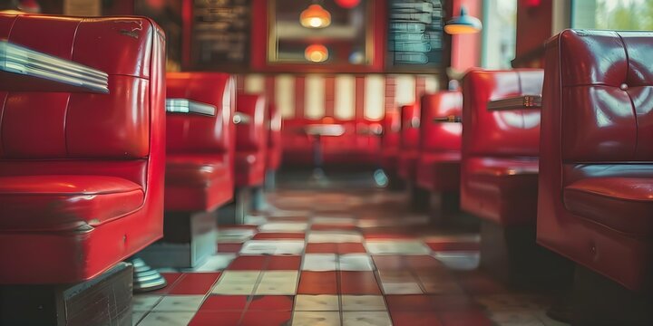 Classic Diner Vibes Red Booths and Checkered Floor. Concept Retro Decor, Vintage Charm, Classic Americana, Nostalgic Atmosphere