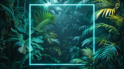 A creative artwork featuring a neon frame around a graceful palm tree and rich, tropical greenery.