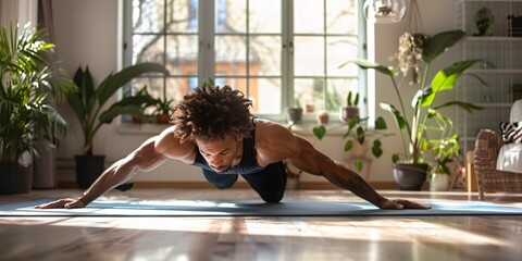 A male practices a tranquil, modern push-up variation that targets core stability and strength.
