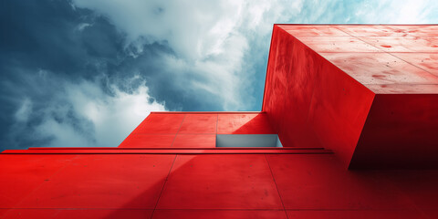 Abstract angled architecture with a red and white minimal design theme
