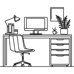 Single one line drawing Office workstation furniture interior concept. Continuous line draw design graphic vector illustration.