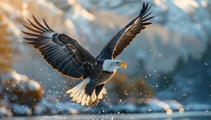 Naklejka premium Adult Bald Eagle in flight. Winter scene. Scientific name: Haliaeetus leucocephalus.