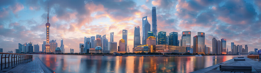 Fototapeta premium City square and skyline with modern building horizontal panorama