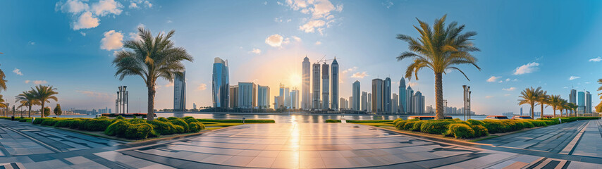 City square and skyline with modern building horizontal panorama