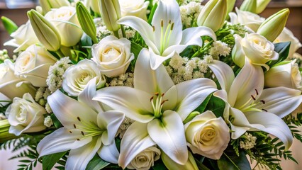 Obraz premium Delicate petals of white lilies and roses surround a vacant space, symbolizing innocence and femininity, evoking a sense of serene elegance.