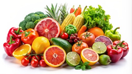 Vibrant arrangement of diverse citrus fruits and fresh vegetables against a clean white background, showcasing nature's colorful bounty.