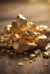 Pure gold minerals with golden light on old wooden background, blurred background