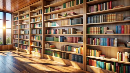 Vibrant book spines align perfectly on sturdy oak shelves, surrounded by subtle natural light, evoking a sense of serene literary escape.