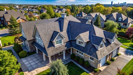 Aerial perspective of modern residential building with slate and asphalt roofing shingles, flying above suburban house, serene blue sky background.