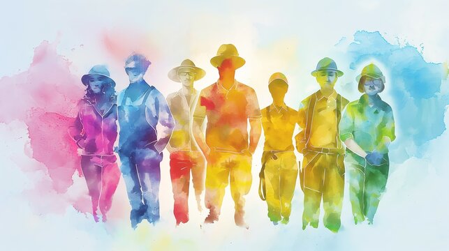 Watercolor Illustration of Labor Day Workers in Various Professions Celebrating the Holiday with Festive Background