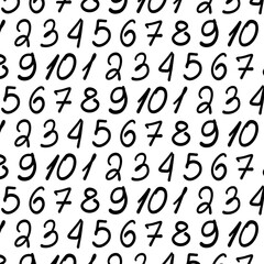 Hand drawn doodle numbers seamless pattern. Mathematical background for children. Black and white scandinavian style, back to school. Vector graphics