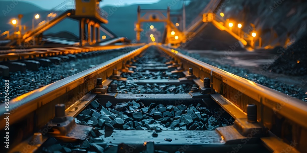 Poster mining operation with conveyor belt processing ore rocks efficiently through the mine. concept minin