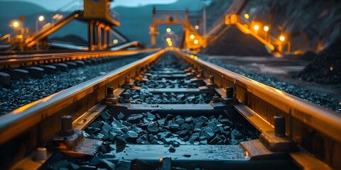 Fototapeta premium Mining operation with conveyor belt processing ore rocks efficiently through the mine. Concept Mining Operations, Conveyor Belt Efficiency, Ore Processing, Rock Extraction, Mining Technology