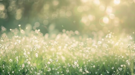 A soft-focus photo of a meadow in bloom, where green grass fades into soft white bokeh light