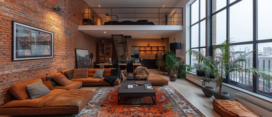 An industrial loft apartment with exposed brick walls and modern furniture.