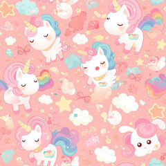 Cute Unicorn Pastel Stars Clouds Seamless Background