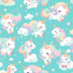 Cute Unicorn Pastel Stars Clouds Seamless Background