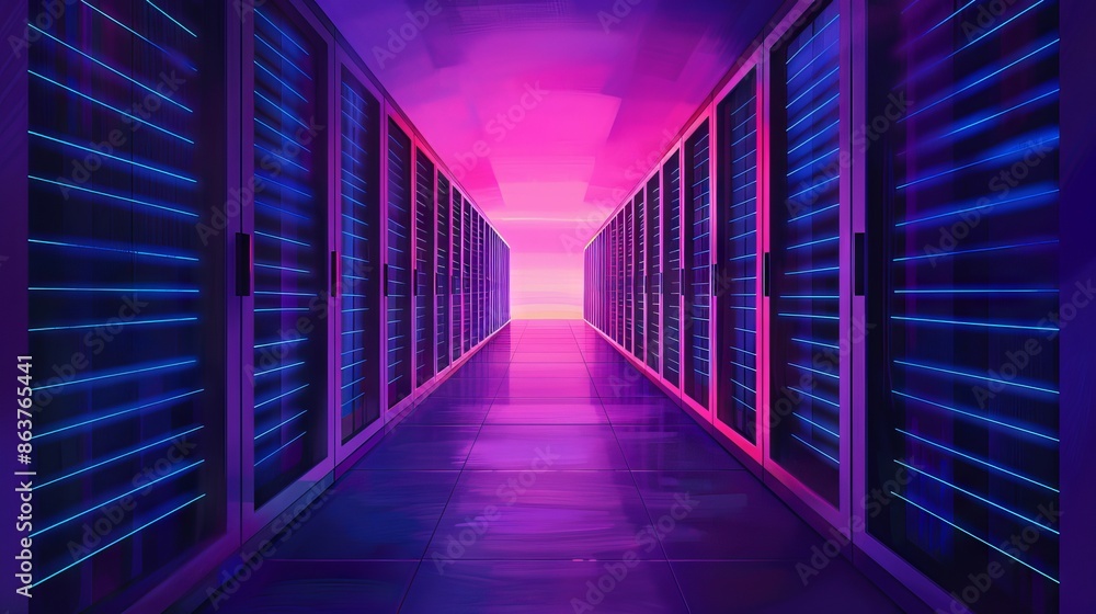 Poster futuristic data center with vibrant neon lights illuminating rows of server racks, symbolizing advan