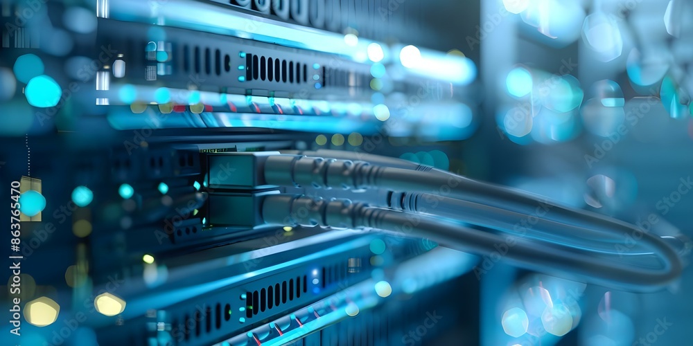 Poster data cables transmitting information within a server a web banner. concept data cables, server commu