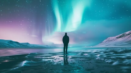 Silhouetted traveler gazing at the vibrant northern lights in a snowy landscape. Aurora Borealis and winter adventure concept.