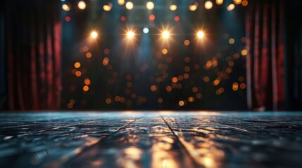 A blurred background of a theatrical stage with dark curtains and dramatic lighting, setting the mood for a performance