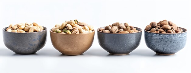 4 bowls of nuts on white background, one bowl with cashew nuts, the second is full of pistachios, third has walnuts and fourth have sunflower seeds, isolated, side view, high resolution photography, s