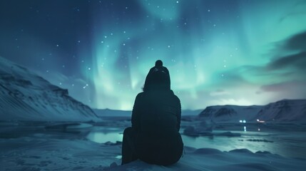 Silhouetted traveler gazing at the vibrant northern lights in a snowy landscape. Aurora Borealis and winter adventure concept.