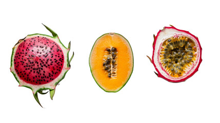 Dragon fruit, melon and passion fruit on transparent background