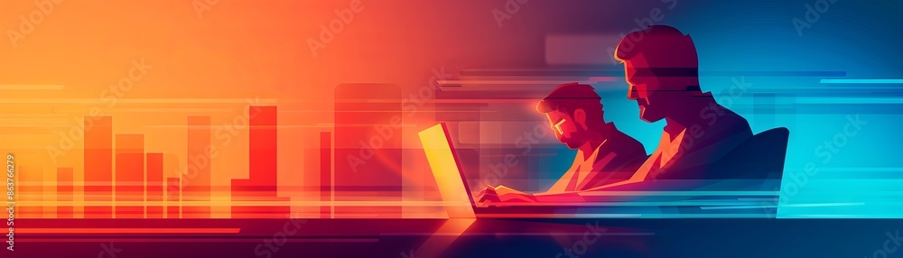 Poster two professionals work on laptops in a futuristically designed workspace with abstract lighting, ble