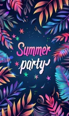Template for summer tropical party poster with floral frame, Summer party - calligraphy text