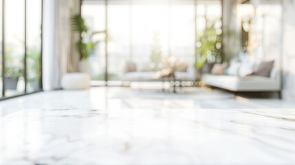 A softly blurred living room background behind a pristine white marble tabletop, ideal for highlighting luxury home decor