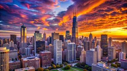 Magnificent metropolitan panorama featuring iconic Willis Tower and John Hancock Center against a vibrant purple and orange sunset sky.