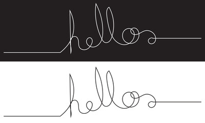 One continuous line drawing typography line art of hello word writing isolated on white and black background. EPS 10
