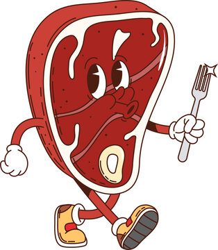 Naklejki Steak retro groovy barbeque grill character. Isolated cartoon vector slice of meat, whimsical food personage walking with a fork in hand and whistling funny melody, ready for outdoor summer bbq picnic