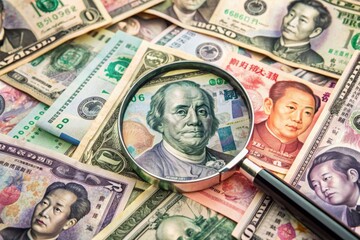 Magnifying glass on pile of asian leading country new emerging market money banknotes, indian rupee, chinese yuan and japanese yen, searching for yield