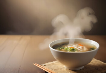 A steaming bowl of miso soup, blurred background