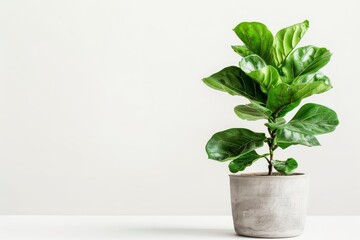 Fototapeta premium Fiddle Leaf Fig (Ficus Lyrata) in Flowerpot Closeup, Fiddle Leaf Fig Ficus Macro House Plant in Flowerpot