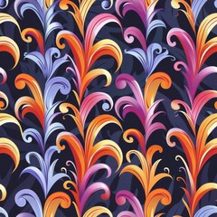 Vibrant Seamless Floral Pattern. Colorful Swirls and Flourishes on Dark Background