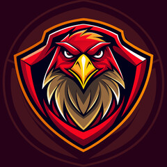simple line eagle head  gaming mascot logo isolated in red and gold colors, shield, on dark background