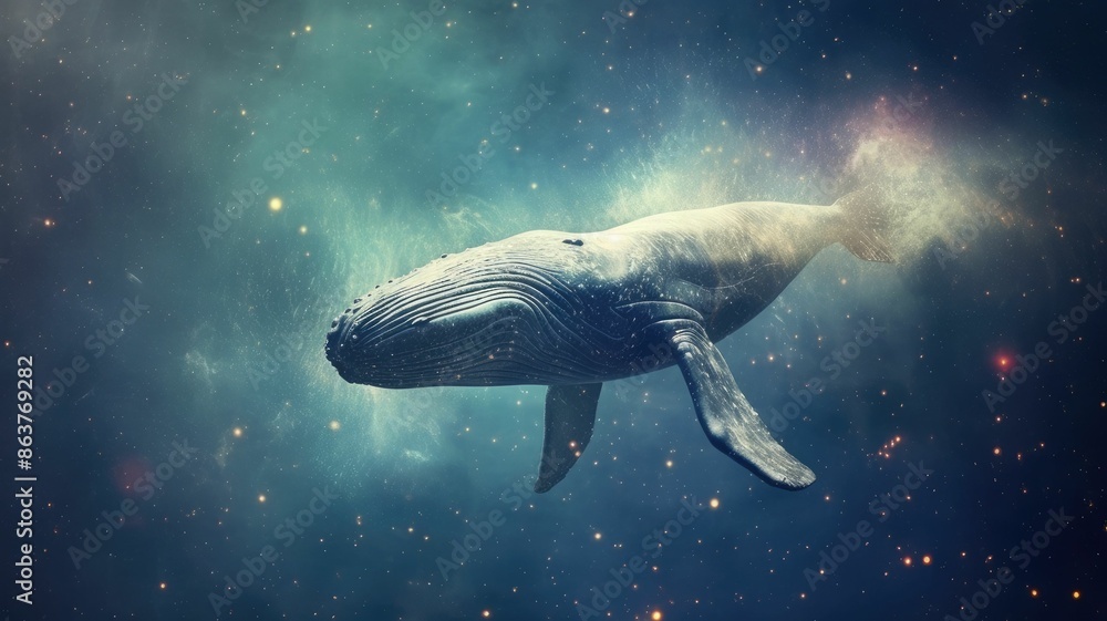 Aufkleber surreal art design of a whale floating in space with a cosmic background and starry sky. digital art
