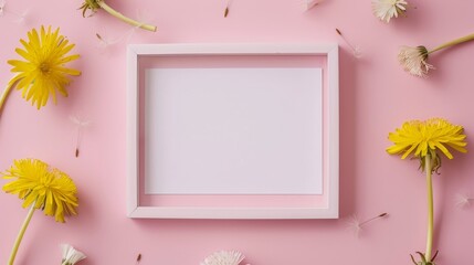 White frame mockup with dandelion flowers on soft pink background for elegant presentation