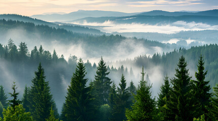 A stunning view of a misty mountain landscape featuring lush evergreen forests and rolling hills under a serene morning sky.