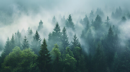 A lush evergreen forest covered in fog on a mountain slope, creating a mysterious and serene atmosphere ideal for nature and wilderness themes.
