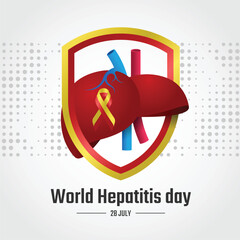 World Hepatitis Day - Liver sign and ribbon awareness in red and yellow shield frame on dot background vector design
