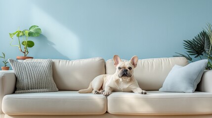French bulldog relaxing on a beige sofa in a modern living room with blue wall and house plants, capturing a cozy and stylish home interior.