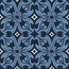 Fototapeta premium Seamless blue floral damask pattern. Elegant vintage floral background, wallpaper, textile, wrapping paper design. Victorian floral repeat pattern.