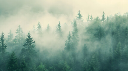 Fototapeta premium A misty pine forest on a hillside, with layers of trees enveloped in fog, creating a serene and mysterious atmosphere perfect for nature and wilderness themes.